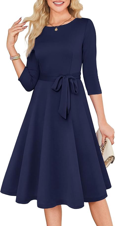 Womens A-Line Cocktail Dress 3/4 Sleeve Wedding Guest Midi