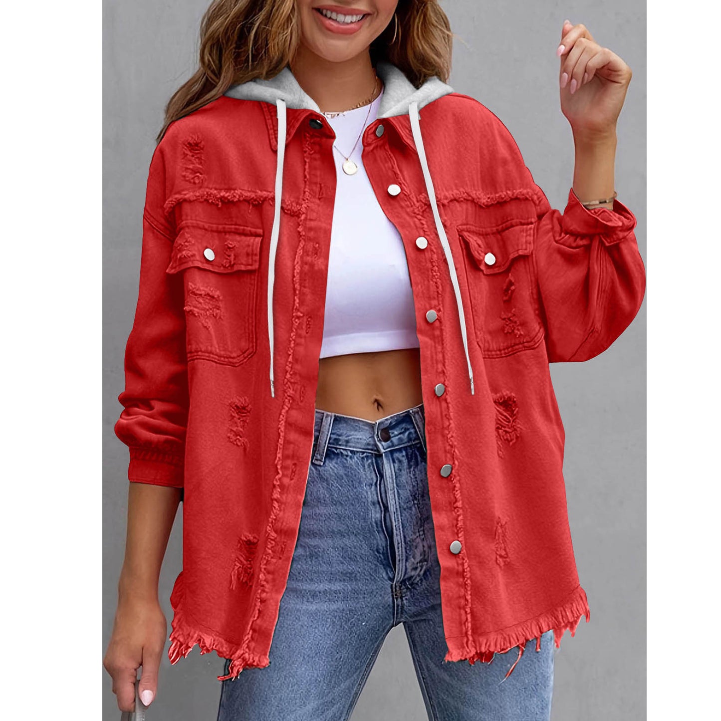 Distressed hooded denim jacket oversized fit