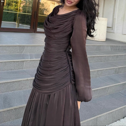 Satin Ruched Long Sleeve Maxi Dress Wedding Guest
