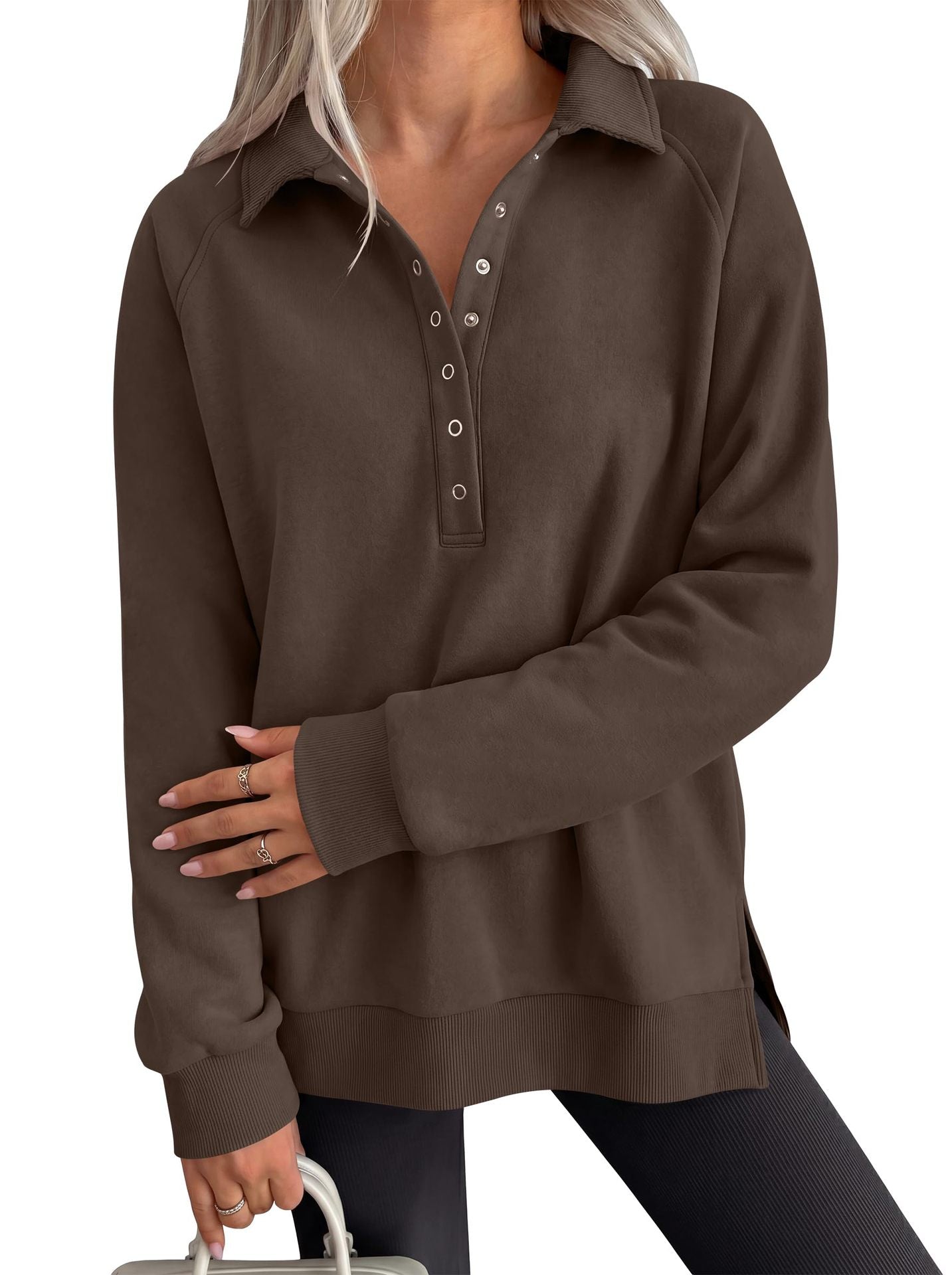 Women's Oversized Collared Button Pullover Sweatshirt