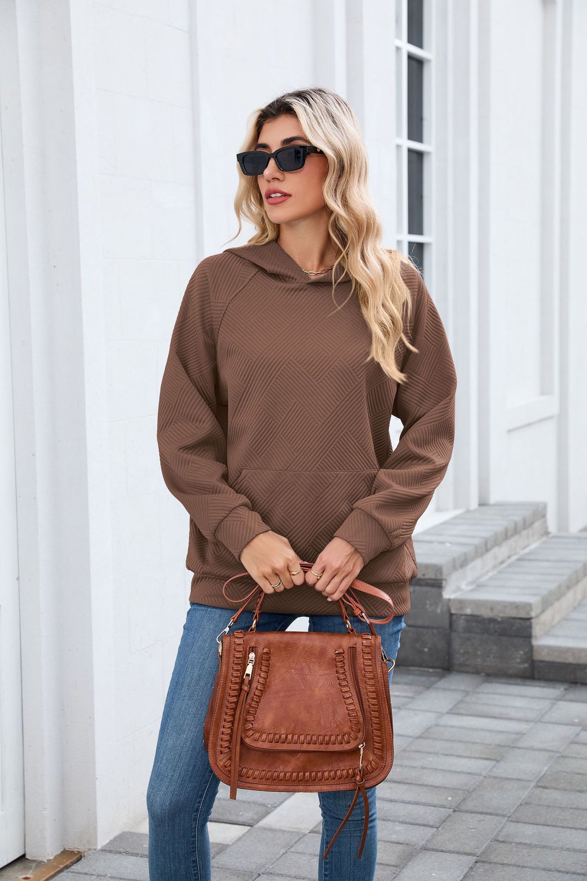 Women's Oversized Textured Hoodie Pullover with Pocket