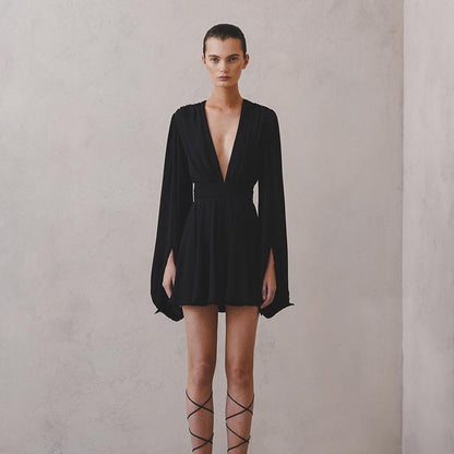 Sexy Black Puff Sleeve V-Neck High Waist Mini Dress
