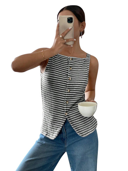 Women’s Striped Button Front Sleeveless Tank Top