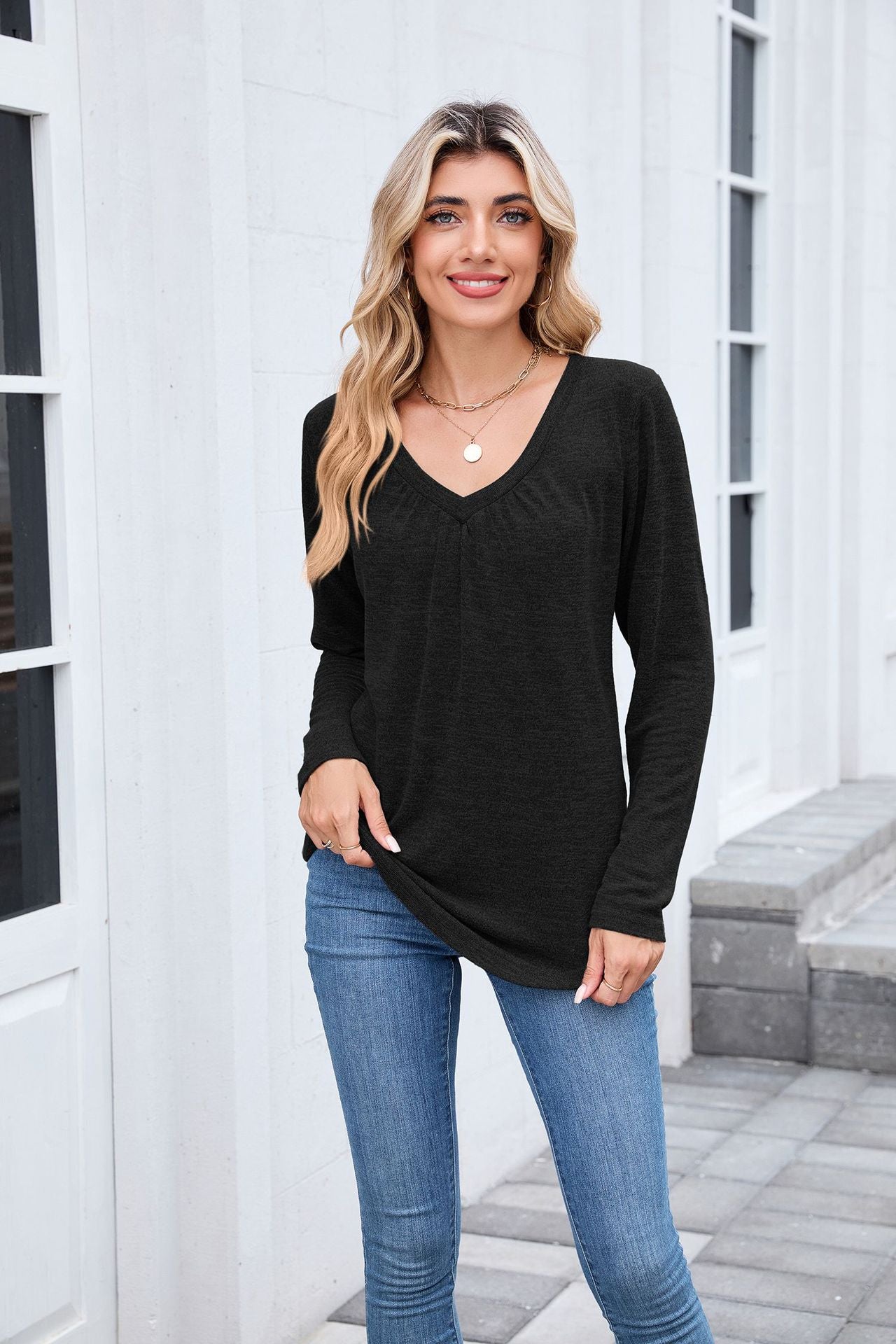 Women's Ruched V Neck Long Sleeve Loose Tunic Top