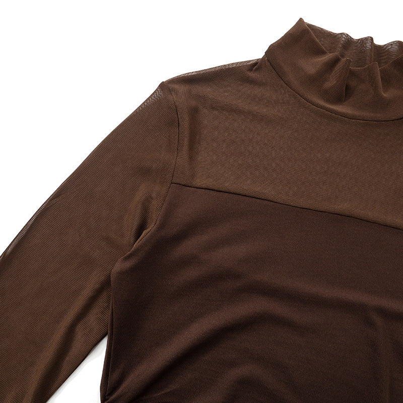 Sexy Sheer Mesh Mock Neck Long Sleeve Crop Top