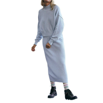 Women's Knit Two Piece Set Mock Neck Sweater Midi Skirt