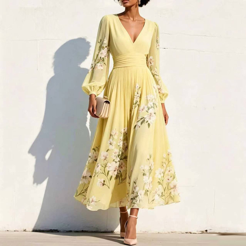 Floral V Neck Pleated Long Sleeve Maxi Dress