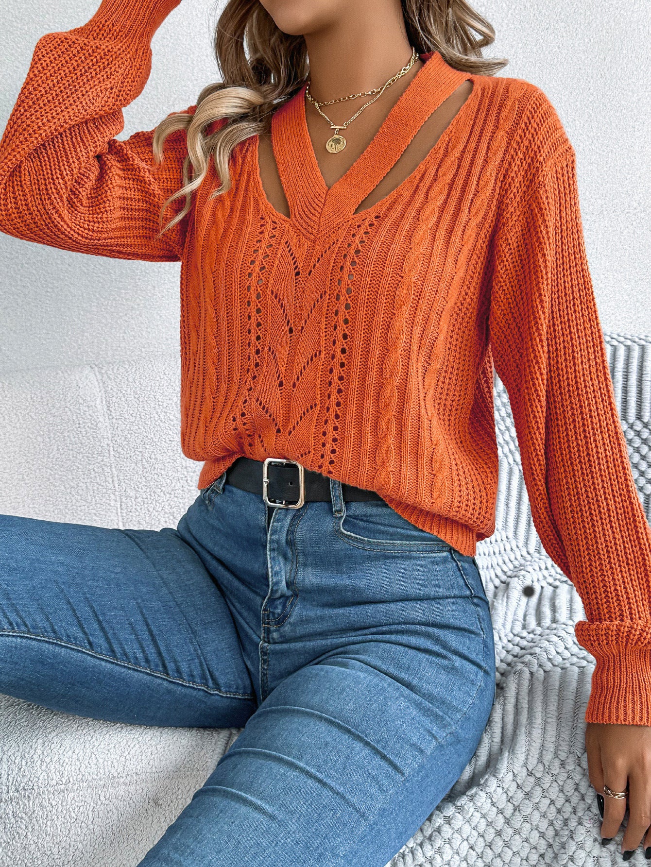 Hollow Out V Neck Cable Knit Lantern Sleeve Sweater
