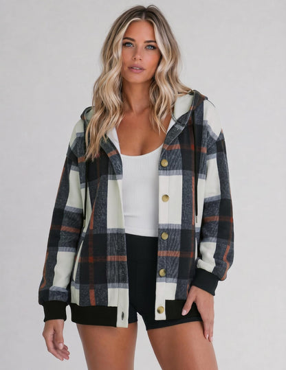 Women's Oversized Hooded Plaid Shacket Jacket