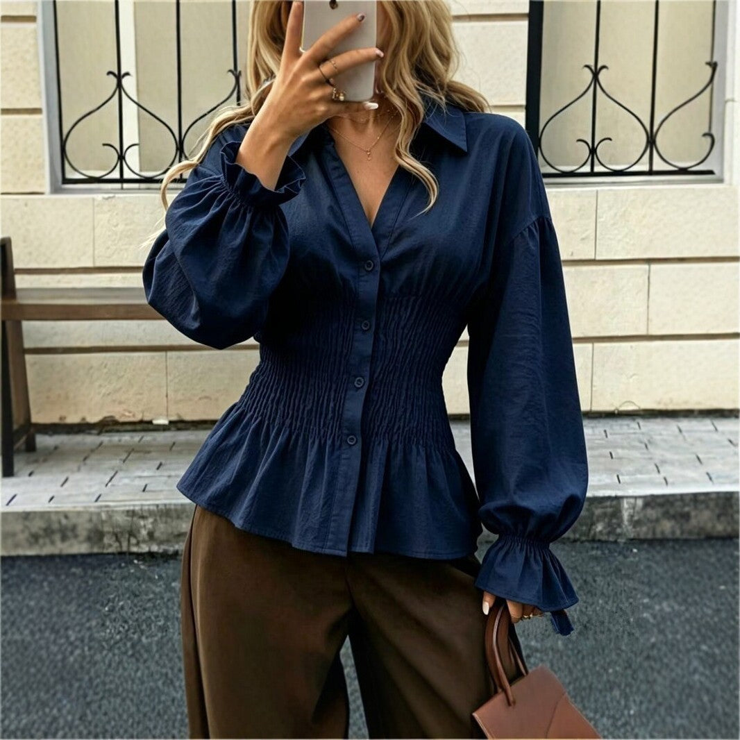 Women's Smocked Waist Cotton Blouse Balloon Sleeve Top