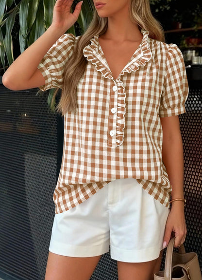 Gingham Ruffle Puff Sleeve Button Blouse Top