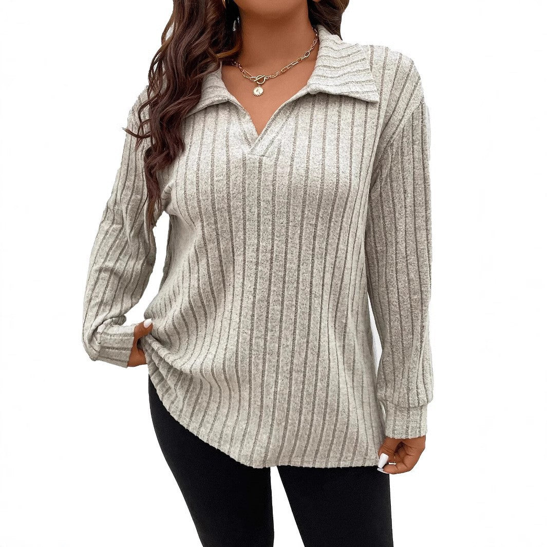 Plus Size Ribbed Long Sleeve Collared V-Neck Tunic Top