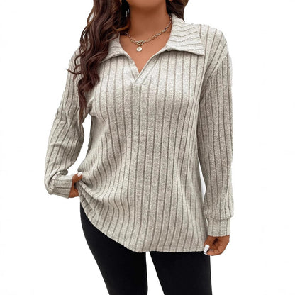 Plus Size Ribbed Long Sleeve Collared V-Neck Tunic Top