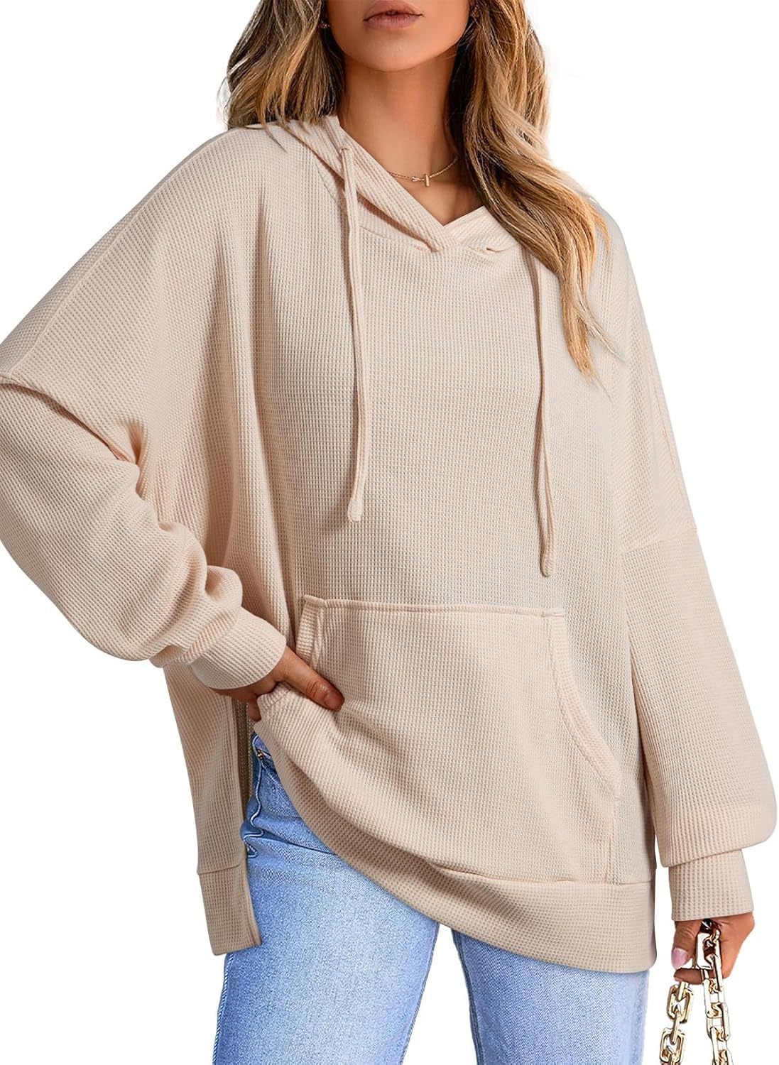 Women's Waffle Knit Hoodie Oversized Side Slit Pocket