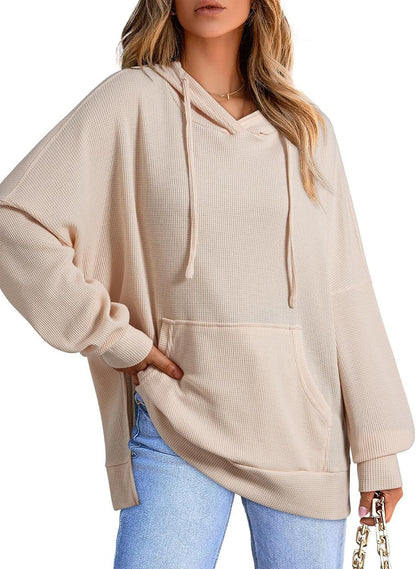 Women's Waffle Knit Hoodie Oversized Side Slit Pocket