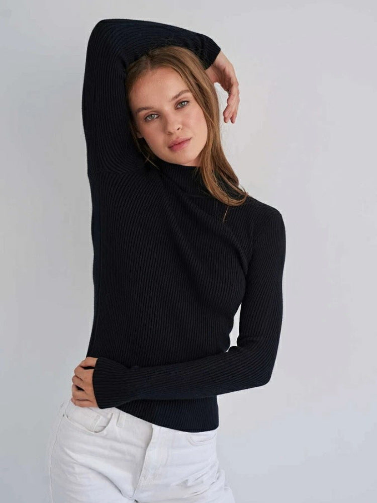 Women's Ribbed Mock Neck Long Sleeve Fitted Knit Top