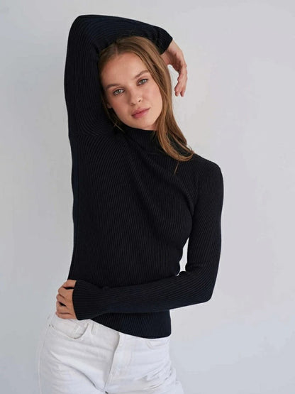 Women's Ribbed Mock Neck Long Sleeve Fitted Knit Top