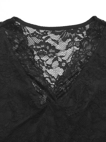 Lace V Neck Long Sleeve Top Sheer Slim Fit Blouse