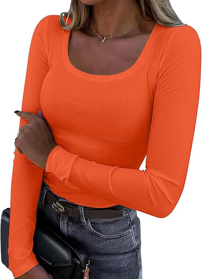 Women's Ribbed Square Neck Long Sleeve Fitted Top