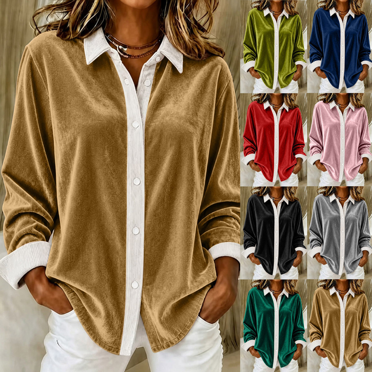 Women's Velvet Contrast Trim Button Down Shirt