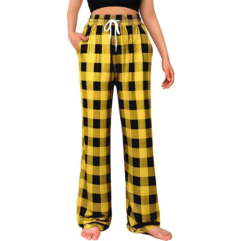 Womens Plaid Pajama Pants Drawstring Wide Leg Lounge