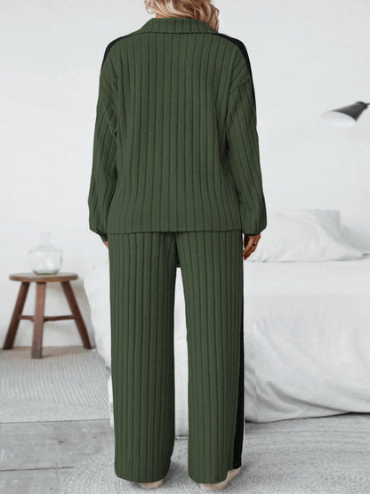 Plus Size Ribbed Half Zip Sweatshirt Wide Leg Pants Set