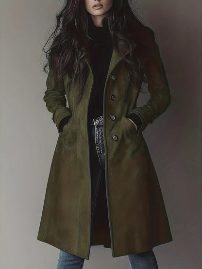 Women's Faux Suede Long Trench Coat Vintage Lapel