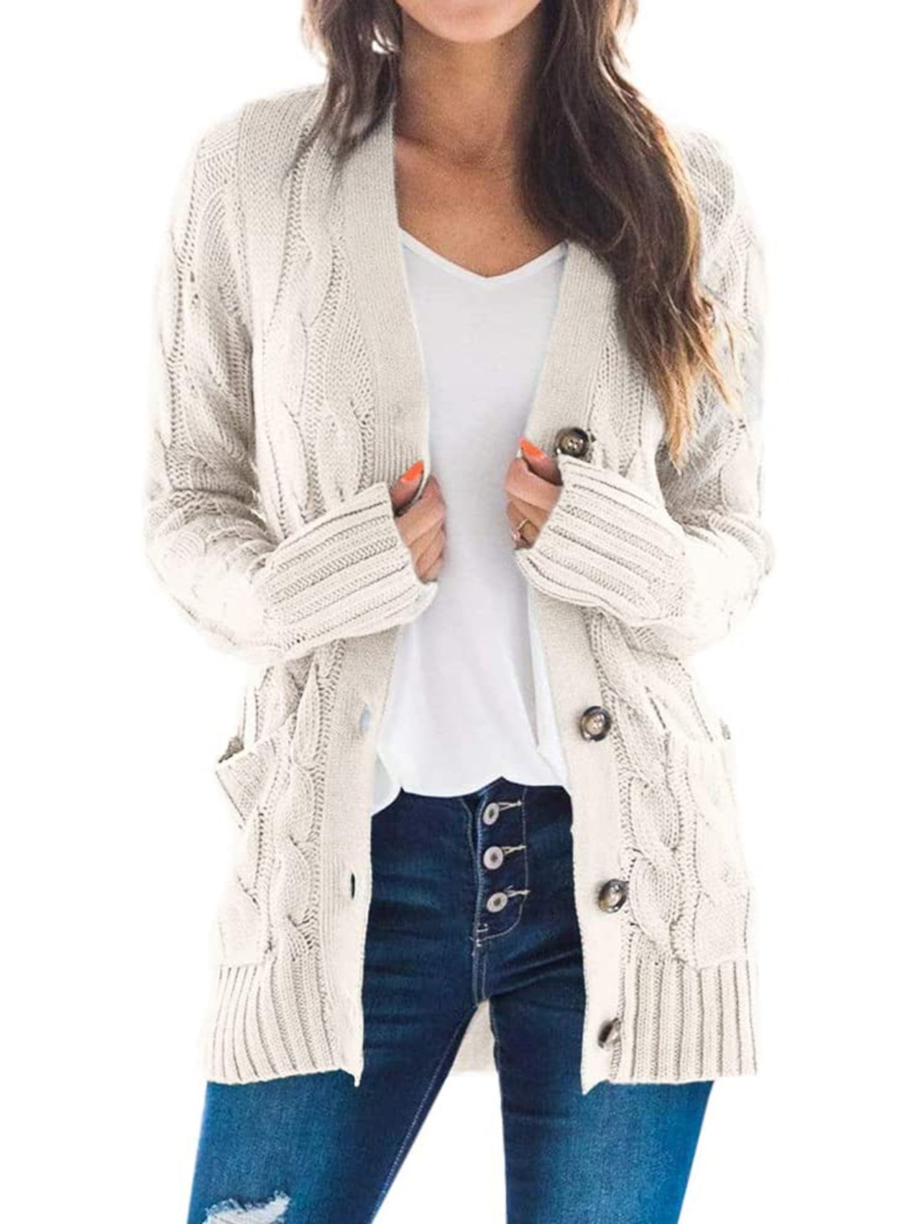 Womens Chunky Cable Knit Button Cardigan Sweater Pockets