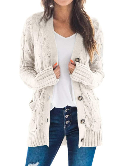 Womens Chunky Cable Knit Button Cardigan Sweater Pockets