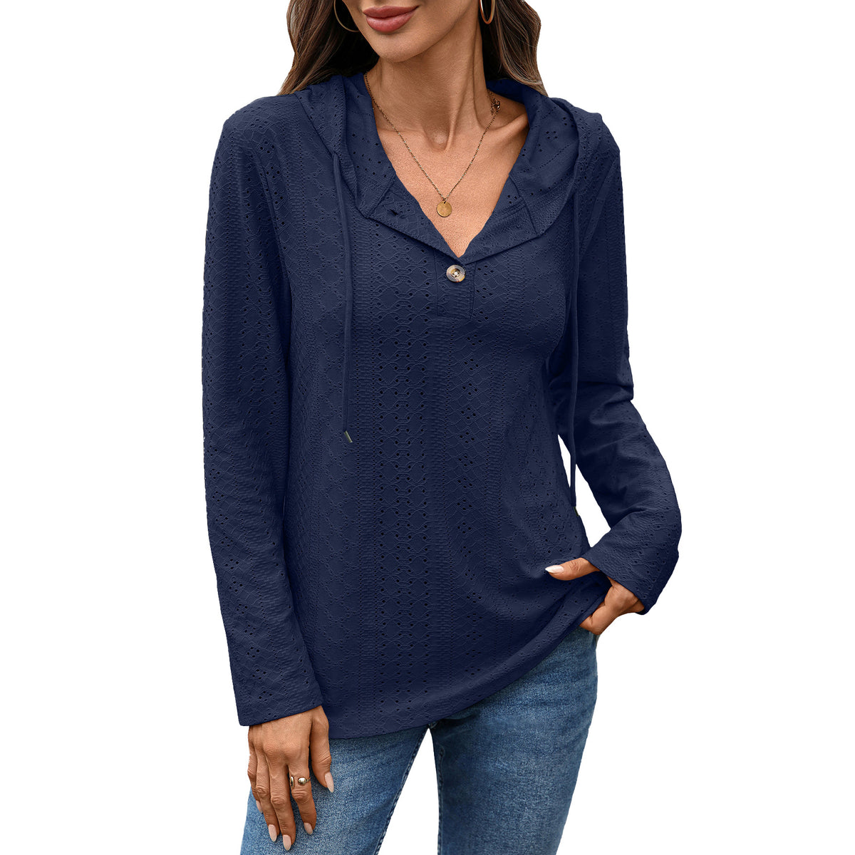 Women's Eyelet Button Hoodie Long Sleeve Tunic Top