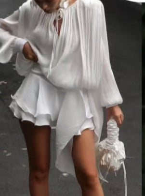 French Puff Sleeve Ruffle Mini Skirt Two Piece Set