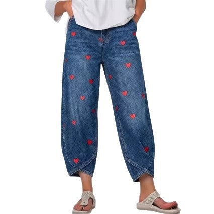 Women's Heart Print Baggy Cropped Denim Jeans