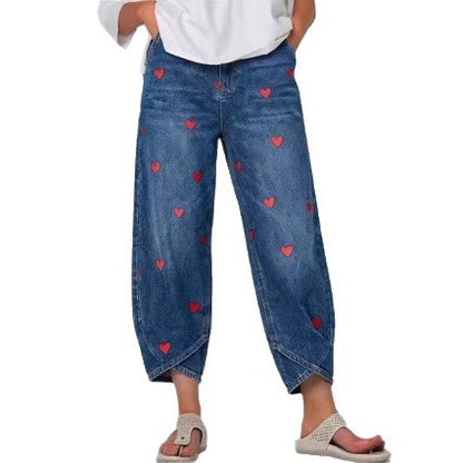 Women's Heart Print Baggy Cropped Denim Jeans