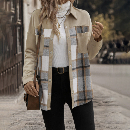 Plaid Lapel Button-Down Long Sleeve Shacket for Women
