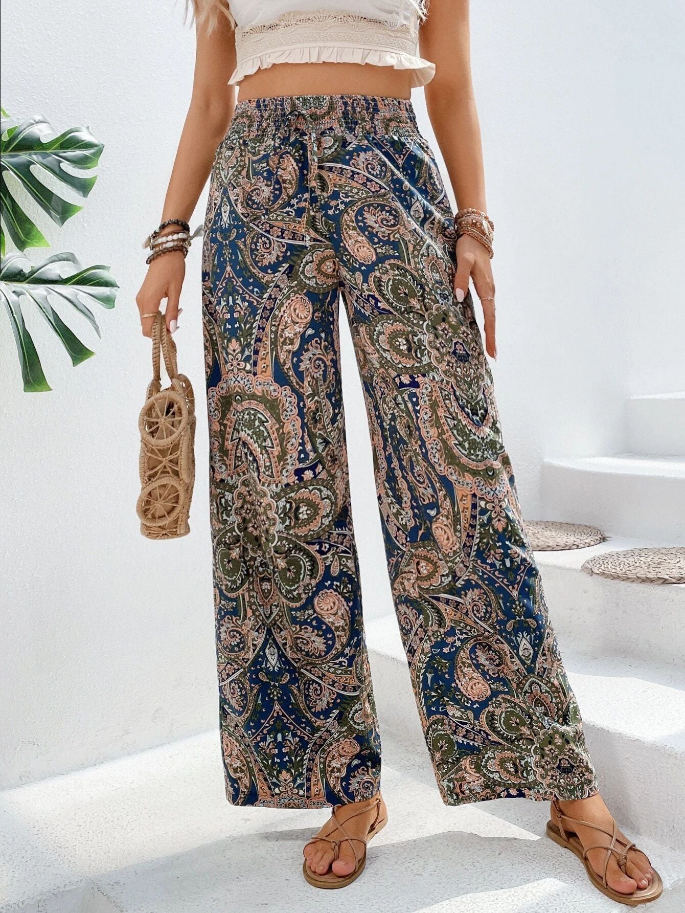 Fashionable Printed Wide-Leg Pants for Women Versatile Elastic Waist