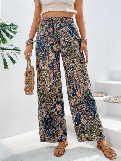 Fashionable Printed Wide-Leg Pants for Women Versatile Elastic Waist