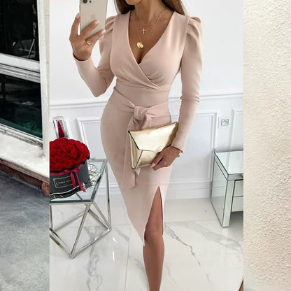Sexy V Neck Long Sleeve Tie Waist Midi Dress