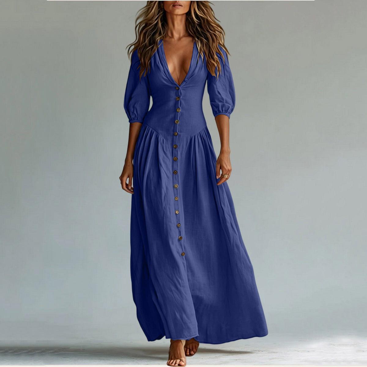 Cotton Button Down Maxi Dress Puff Sleeve V Neck Summer