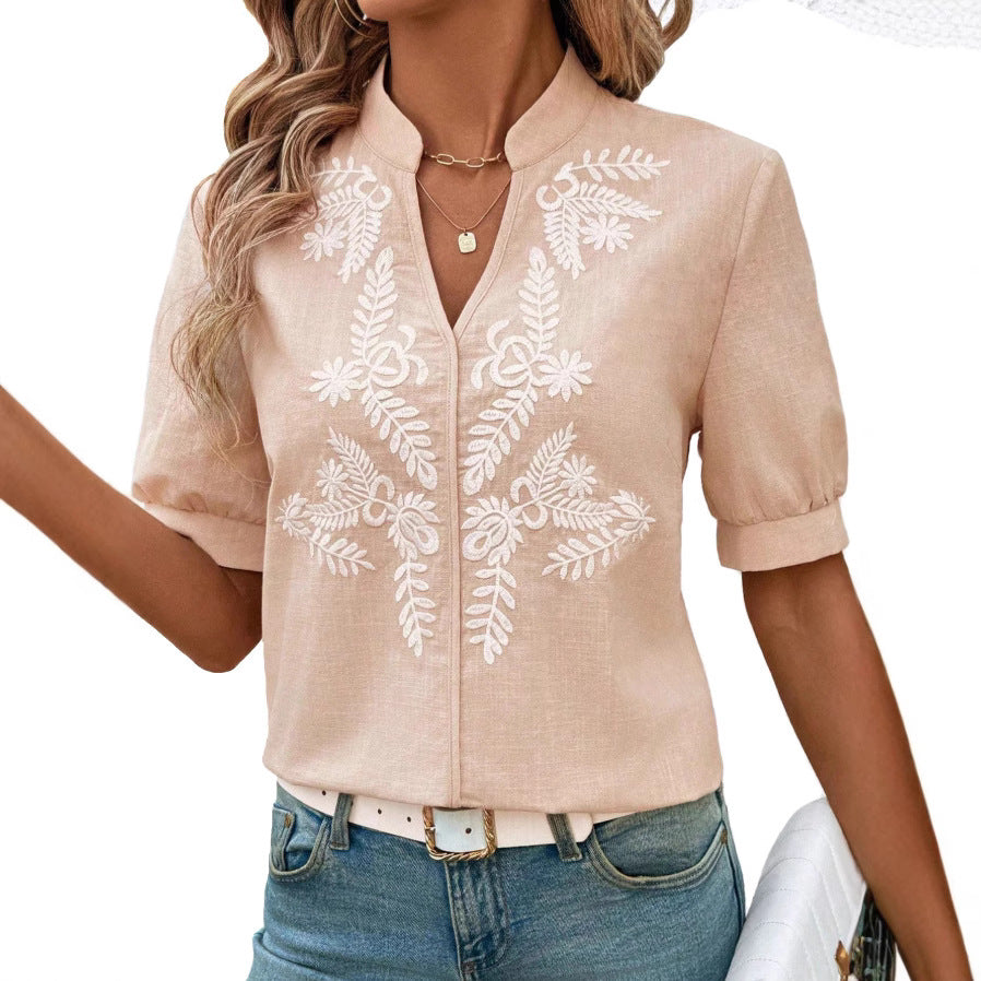 V Neck Embroidered Cotton Blouse Casual Summer Shirt