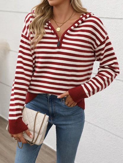 Women's V-neck Striped Christmas Hooded Sweater