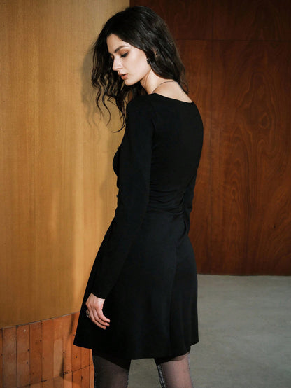 Black Lace Square Neck Long Sleeve Mini Dress