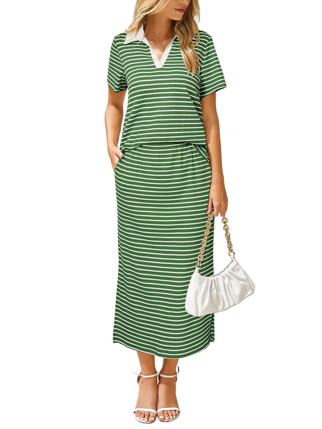 Striped Collared Top Slit Skirt Set Casual 2 Piece