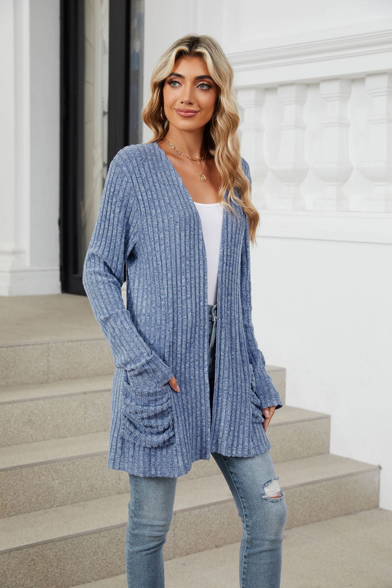 Simple Pocketed Long Sleeve Cardigan Knit Top