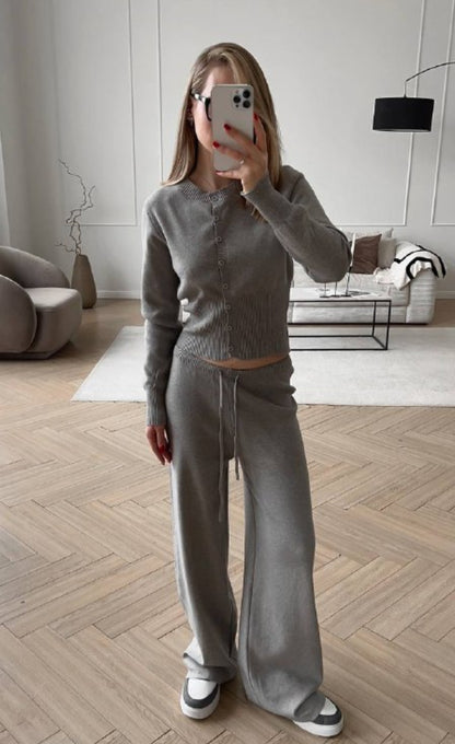 Women's Two Piece Ribbed Knit Cardigan Wide Leg Pants Set