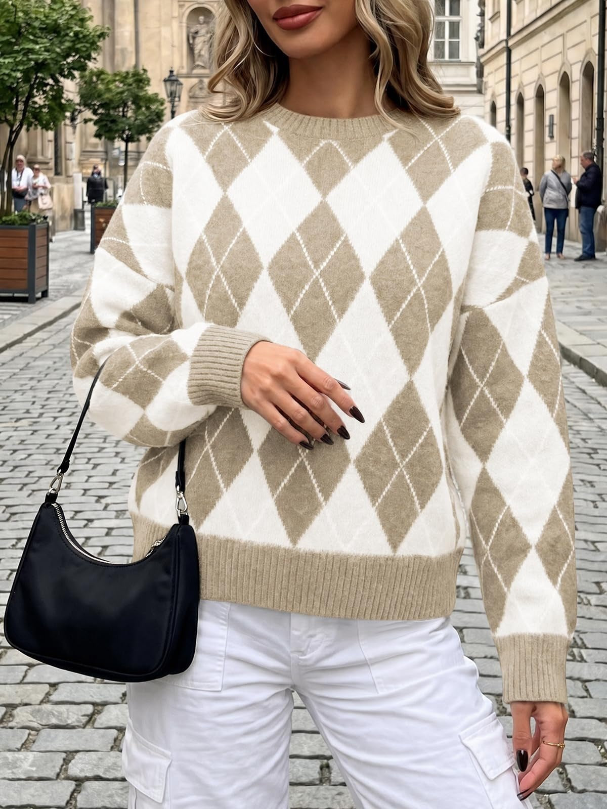 Women's Oversized Vintage Argyle Crewneck Sweater