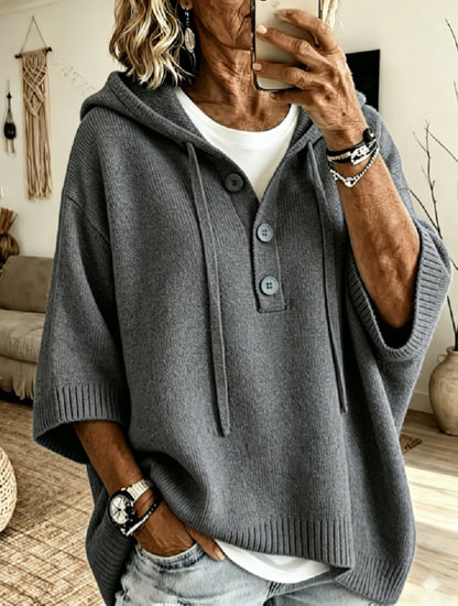 Womens Oversized Hooded Button Knit Sweater