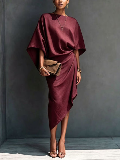 Women's Batwing Sleeve Solid Asymmetrical Midi Dress