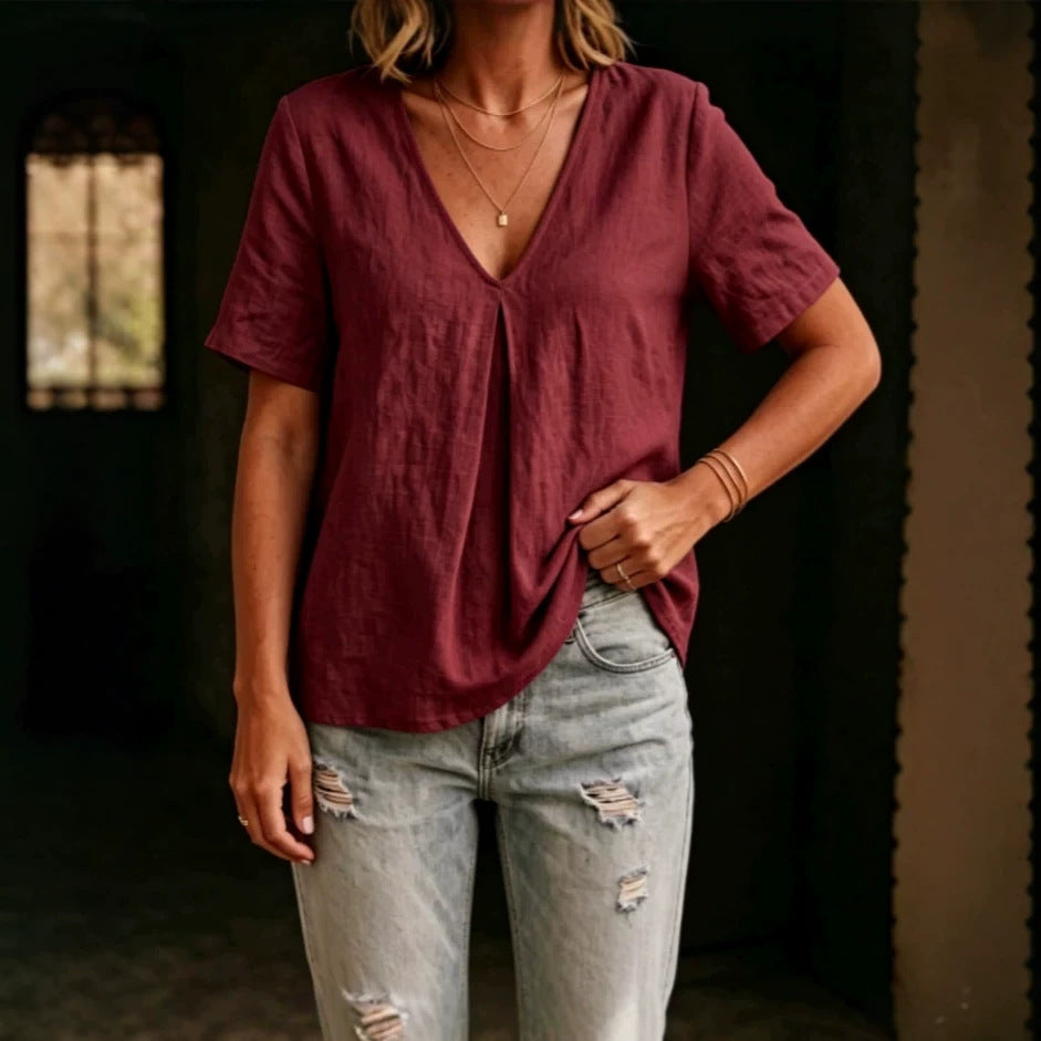 Women's Cotton Linen V-Neck Short Sleeve Casual Summer Top