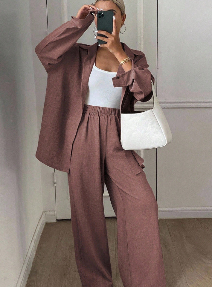 Linen Blend Button Down Shirt Wide Leg Pants Matching Set