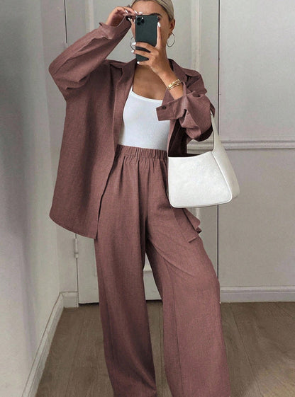 Linen Blend Button Down Shirt Wide Leg Pants Matching Set